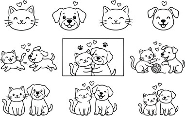 Fototapeta premium cat and dog line art cute puppy kitten illustration set