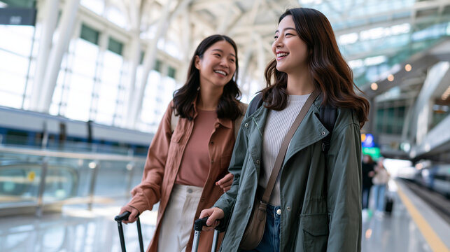 Photorealistic candid lifestyle scene of two young female friends in their 20s walking together through a bright modern high-speed train station, each pulling a small compact styli