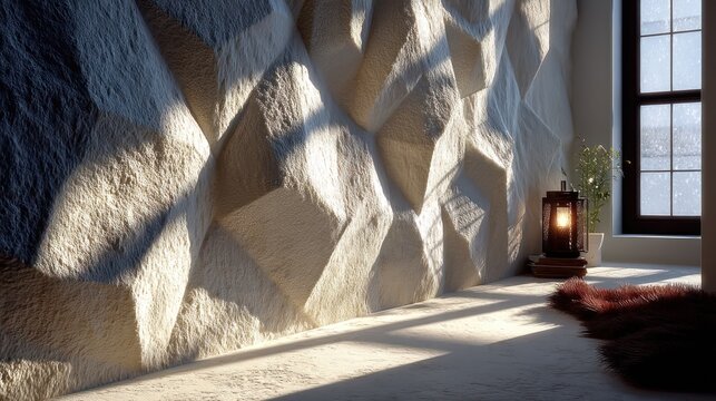 Textured, geometric wall with sunlit shadows, rustic decor with lantern and window view