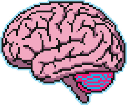 Human brain anatomy pixel art icon with eight bit cut out intellect scrapbook thinking intelligence consciousness neuroscience knowledge education illustration graphics isolated