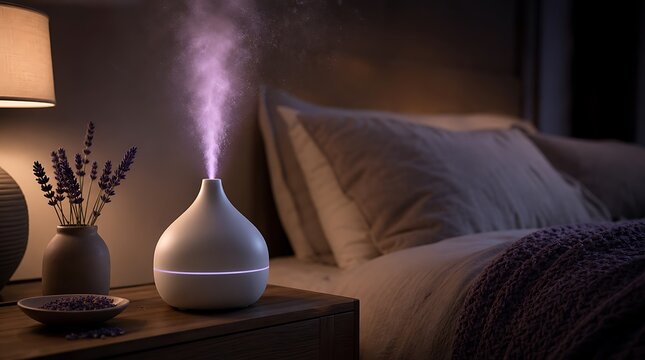 Modern ceramic essential oil aroma diffuser emitting purple mist in bedroom depicting aromatherapy relaxation and nighttime wellness