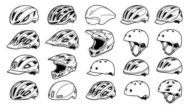Bicycle Helmet Icon Set with Road Cycling Helmets Mountain Bike MTB Visors Full Face Downhill Protection and BMX Skateboard Hard Hats Vector Line Art Illustration