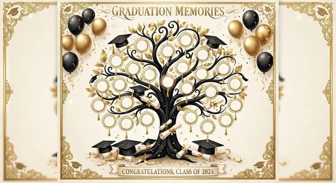 Graduation tree with caps balloons and memory frames