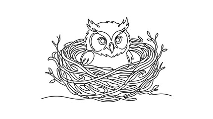 Continuous One Line Drawing of Owl Sitting in a Bird Nest Illustration