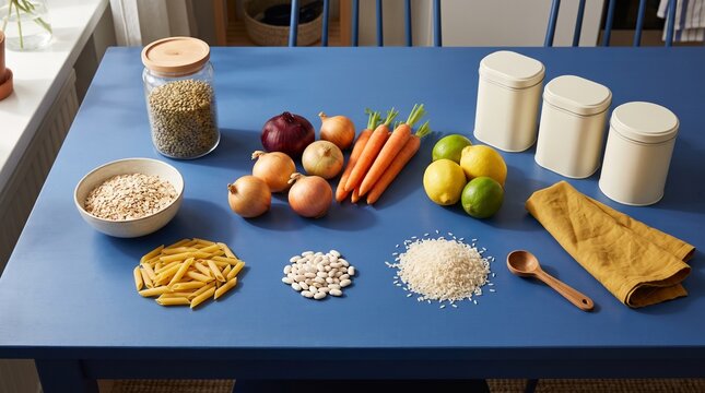 Pantry staples arranged for resilient household meal planning