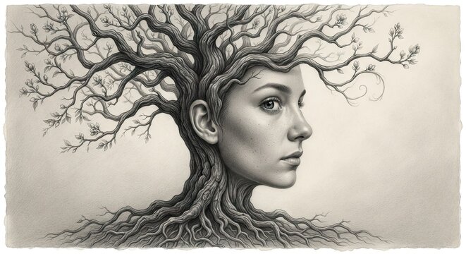 Woman face with tree branch hair
