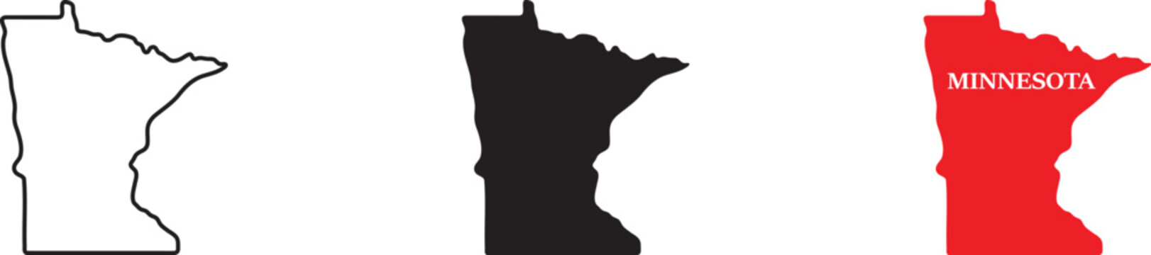 Three variations of the minnesota state map shape, including outline, solid black silhouette, and red shape with white text label