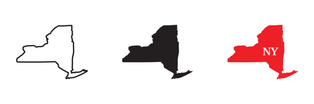 Three variations of the new york state map shape, including outline, solid black silhouette, and red shape with white text label