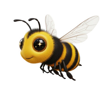 3D animated cute honey bee with large expressive eyes flying in mid-air