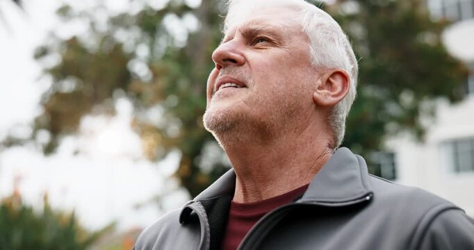 Mindfulness, meditation and old man in nature, retirement and spiritual awareness for mental health. Outdoor, fresh air and senior person on break, breathing and happy with inner peace and wellness