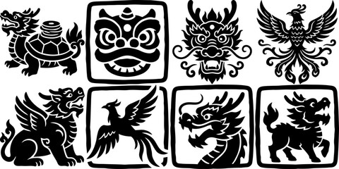 Obraz premium Traditional Chinese mythological creatures set, black ink brush style dragon and phoenix icons, 8 oriental folklore animal vector illustrations