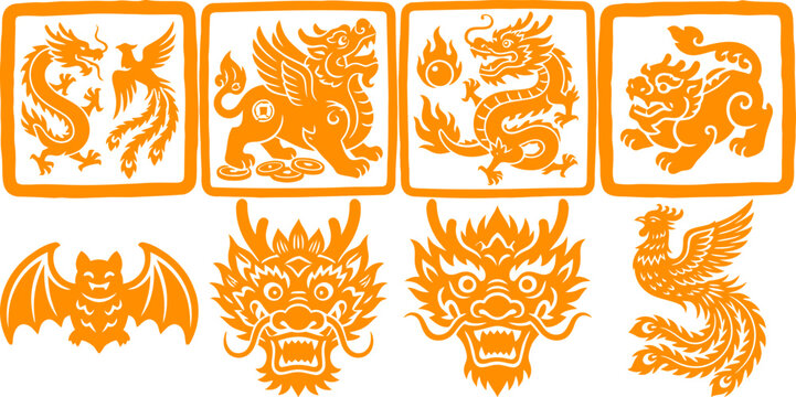 Traditional Chinese dragon and phoenix vector set, orange mythical creature icons, oriental folklore animal illustrations for lunar new year design