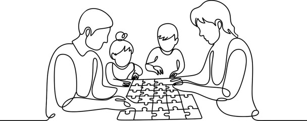 Happy family with two children playing a jigsaw puzzle game together