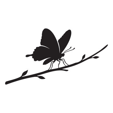Black silhouette butterfly resting on thin branch isolated design