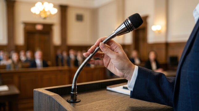 Close-up of a speaker adjusting the microphone at a courtroom podium