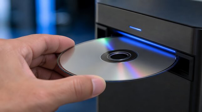 Hand inserting optical disc into computer disk drive tray, illustrating data burning, software installation, and digital media access