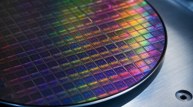 Macro view of silicon wafer disc with intricate microchip grid, highlighting semiconductor production, microchip manufacturing, and tech