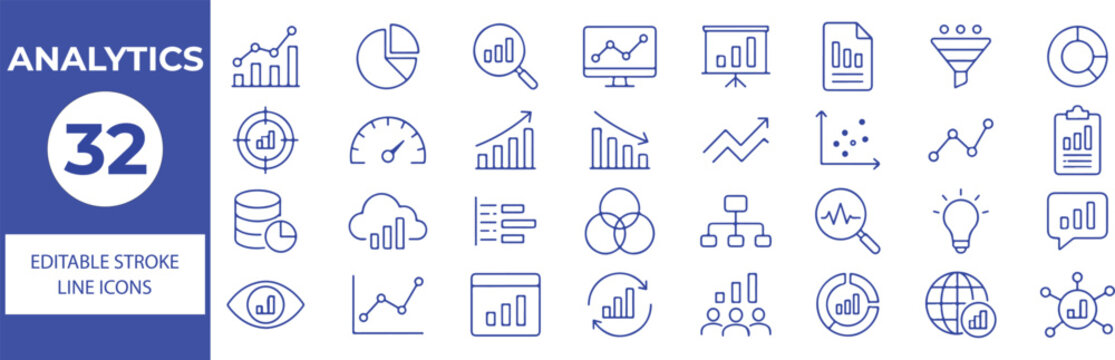 32 Analytics Vector Outline Icons Set,Business Analytics, Data Analysis, Dashboard, Statistics, Charts and Performance Monitoring Line Symbols Collection