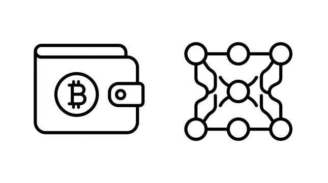 Bitcoin wallet and network node icons. Crypto finance symbols isolated on transparent background.