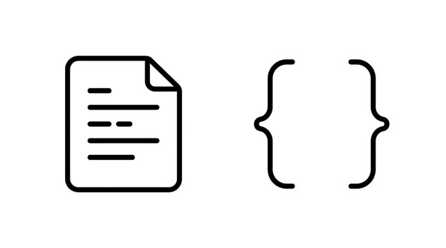 Document and code bracket icons. Programming file symbols isolated on transparent background