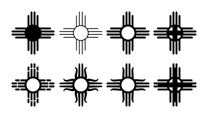 Fototapeta premium 70 Sun Symbol Vector Icons Set, Native American Zia Sun Symbol Graphics, Spiritual and Cultural Emblem Collection, Black and White Geometric Designs 100