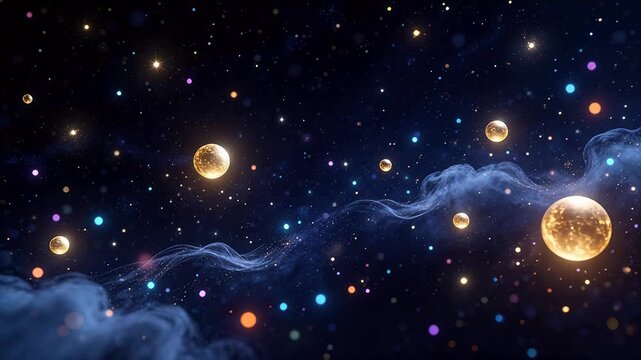Starry space with glowing orbs