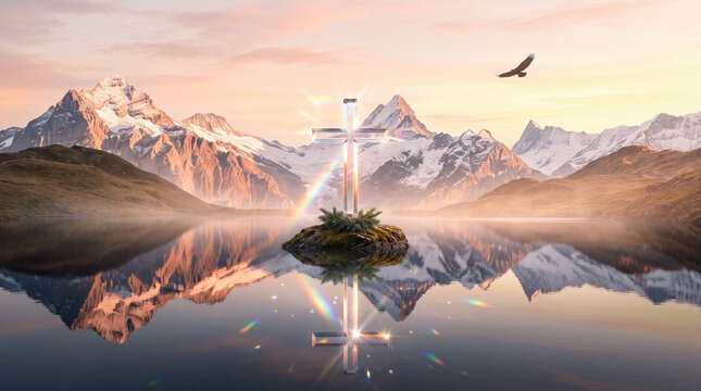 Cross Rising Above Mountains and Lake Reflection