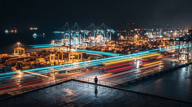 Silhouette Figure Overlooking Illuminated Port Terminal at Night