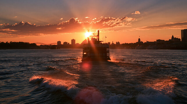 Submarine Surfacing at Sunset Over City Skyline