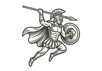 Fototapeta premium Ancient Greek Warrior Charging with Spear and Lion Shield