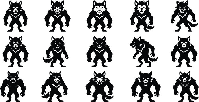 collection of black werewolf silhouettes in various aggressive and powerful stances