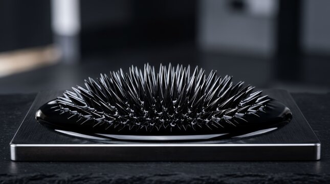 Ferrofluid spikes formed by magnetic field on black surface.