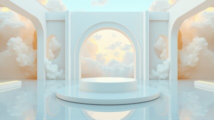Naklejka premium Minimalist stage design. White architecture frames clouds, creating serene presentation space. Soft lighting enhances dreamy atmosphere.