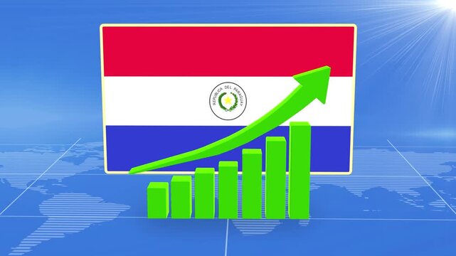 Paraguay Business Financial Growth upward 3D Bar Graph and National Flag, positioned on the global map. Concept International market growth.