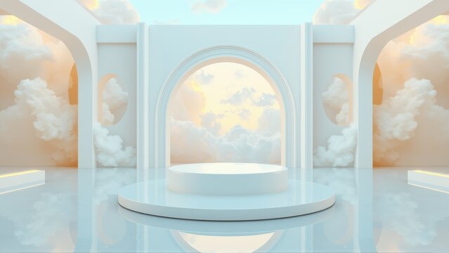 Minimalist stage design. White architecture frames clouds, creating serene presentation space. Soft lighting enhances dreamy atmosphere.