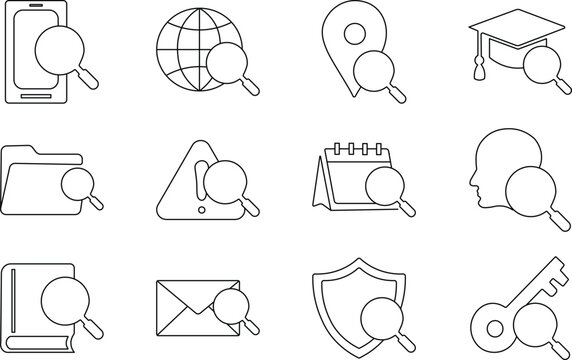 Outline vector icon set featuring a magnifying glass combined with various digital search concepts like location, security, web, files, and profile.