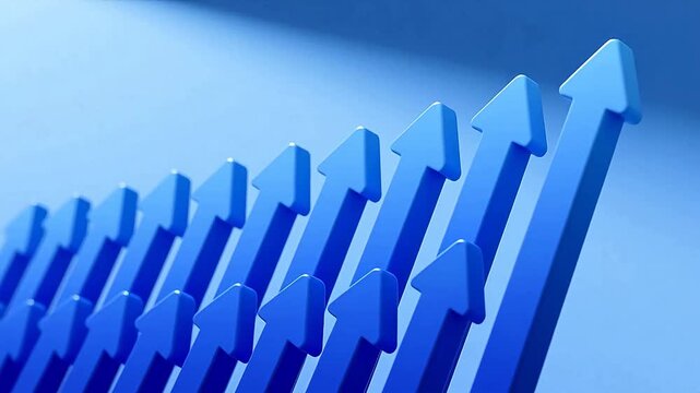 Blue 3d arrows rising in a row