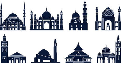 Islamic Mosque Silhouette Vector Set Featuring Diverse Architectural Styles, Domes, and Minarets for Ramadan, Eid, and Cultural Design Projects © Md 