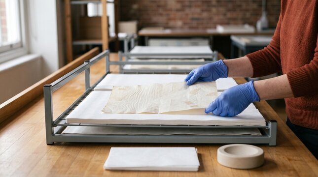 Treated paper dries between protective archival blotter layers