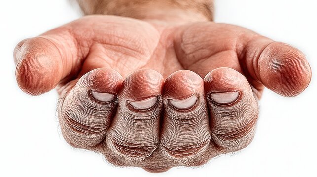 A close-up shot of a human hand, palms up, fingers slightly curled, skin texture visible