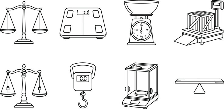 Weight scales and measurement instrument line icon set with justice law balance scales bathroom body scale kitchen dial scale industrial platform luggage hook and scientific balance vector art