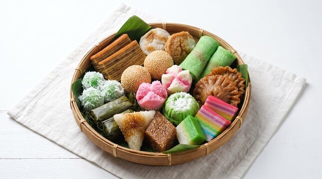 High angle view of traditional Indonesian cakes called jajanan pasar including klepon, onde-onde, lapis legit, kue cucur, and dadar gulung in a bamboo basket on linen cloth.