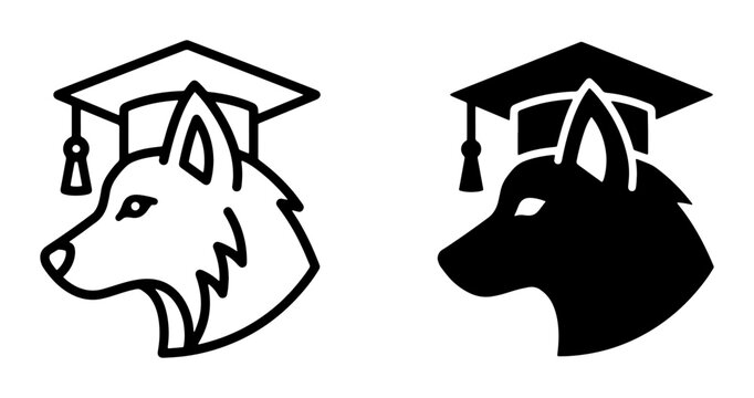 Wolf Graduation Cap Vector Icons, Educational Animal Symbol, Academic Wolf Head Silhouette, Learning Concept Art, Black and White Graphics