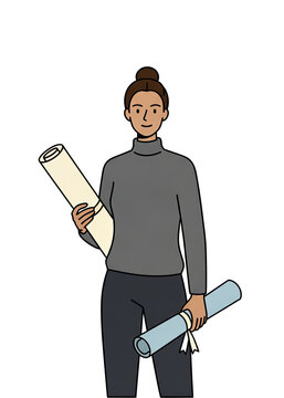 Minimalist Line Art Illustration of an Architect Holding Blueprints Isolated on a Transparent Background