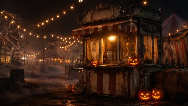 Spooky haunted fairground ticket booth with pumpkins at night