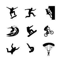 Fototapeta premium 70 Extreme Sports Icons Set: Skateboarder, Surfer, Snowboarder, Climbers, BMX Rider, Skydiver, Acrobat, Parachutist, Action Vector Silhouettes 100