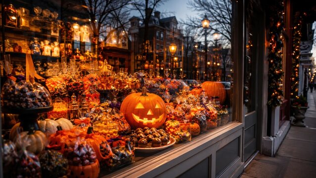 Halloween candy shop window with glowing pumpkins and treats