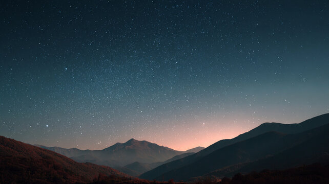 mountain landscape under starry night sky, soft glow from stars, calm cinematic scene