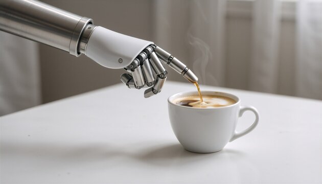 Robotic arm dispensing creamer into coffee cup, symbolizing AI integration into smart daily workflows.