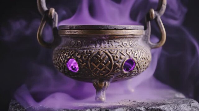 Vibrant Halloween magic swirls from an ornate cauldron, releasing mysterious purple vapors and glowing gems for an enchanting and spooky celebration